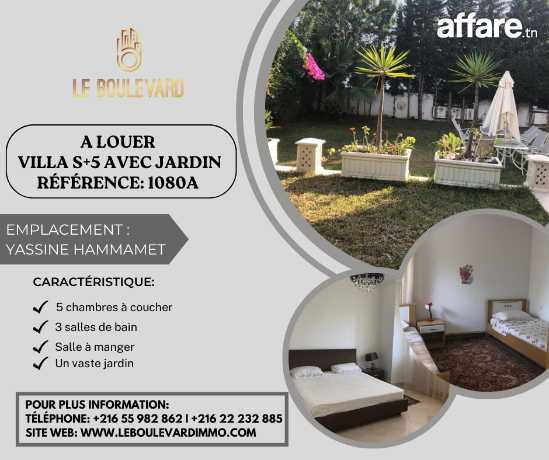 À Louer : Villa Duplex S+5 Avec Jardin à Hammamet Sud