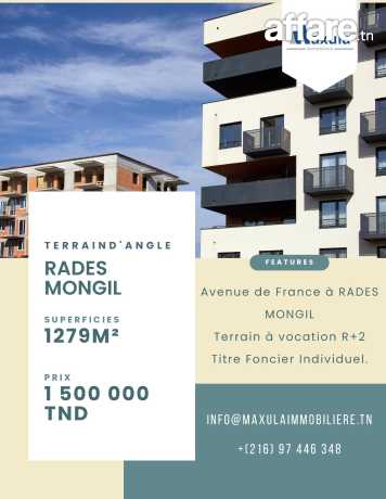 À VENDRE TERRAIN D’ANGLE AV DE FRANCE À RADES MONGIL